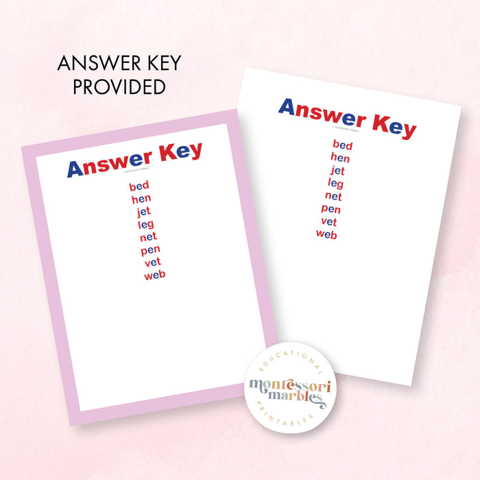 Montessori Pink Series Jumbled Words for Short "E"