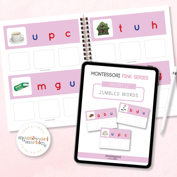 Montessori Pink Series Jumbled Words for Short "U"