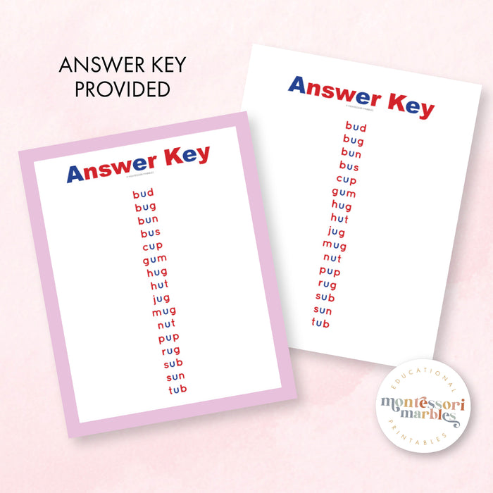 Montessori Pink Series Jumbled Words for Short "U"