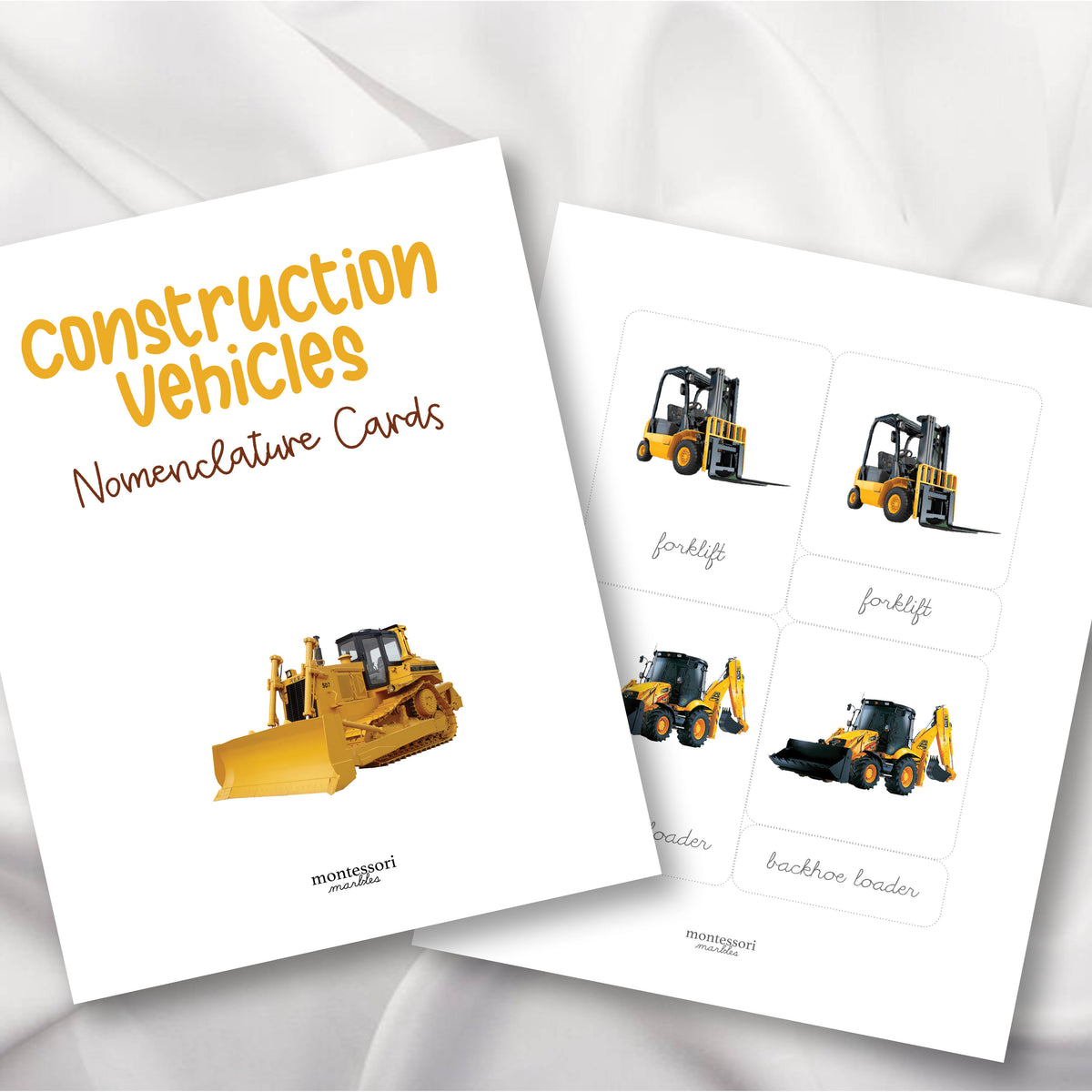 Construction Vehicles Nomenclature Cards in Cursive – Montessori Marbles