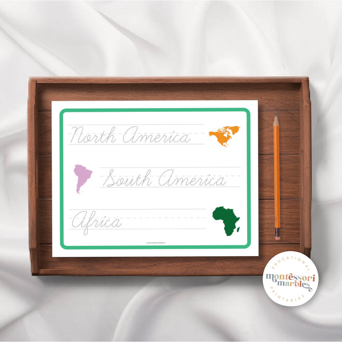 Continents Cursive Tracing Activity