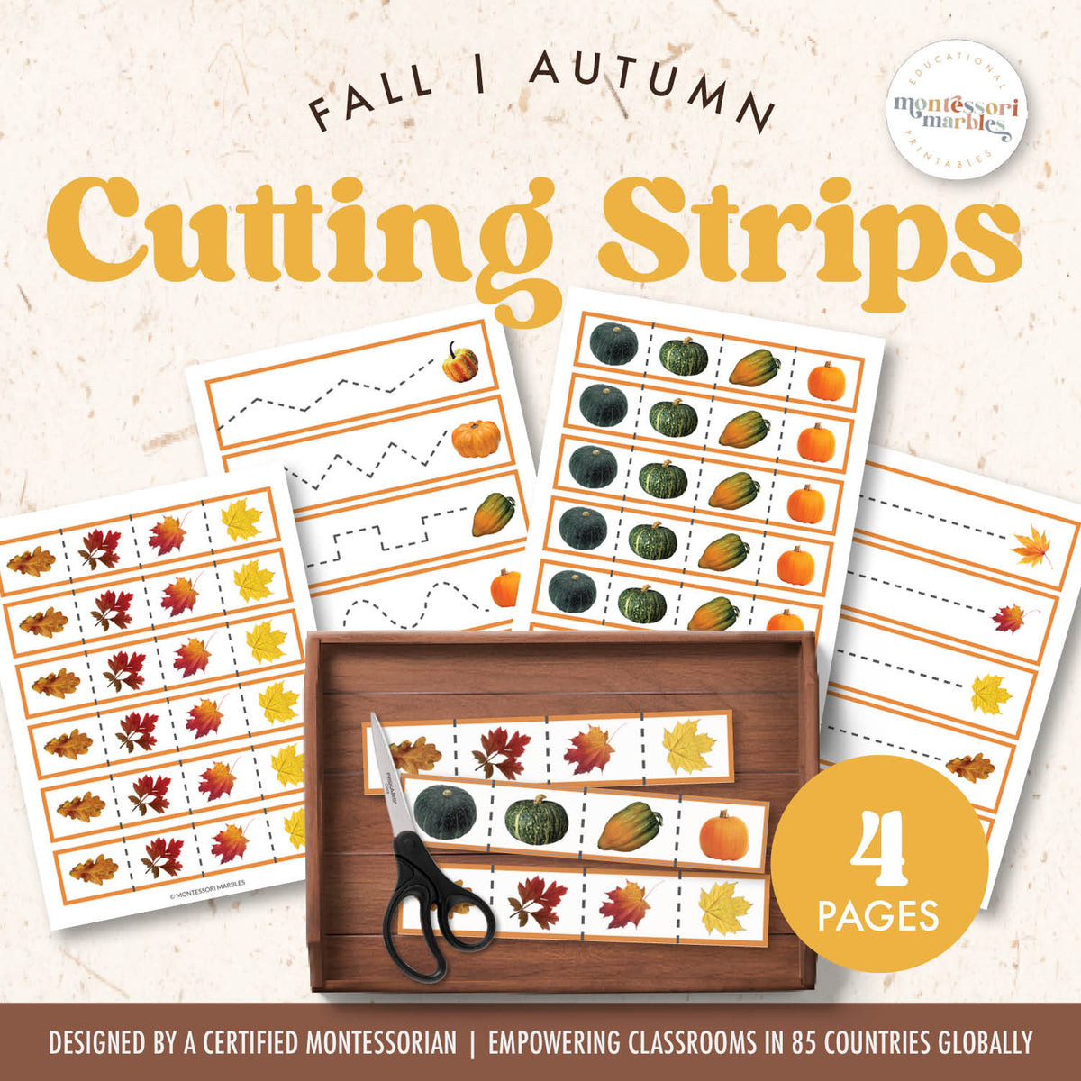 Fall Cutting Strips – Montessori Marbles for Fall Cutting Practice Free Printable