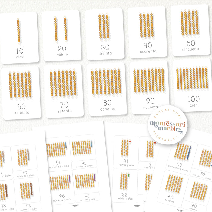 Los Numeros 1 - 100 | Montessori Golden Beads Nomenclature Cards