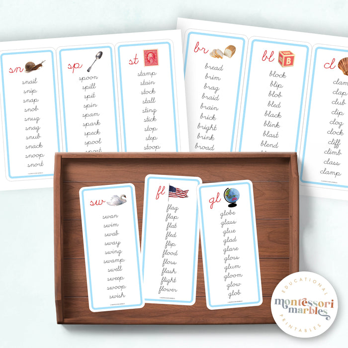 Montessori Blue Series Word Lists for Beginning Blends (Cursive)