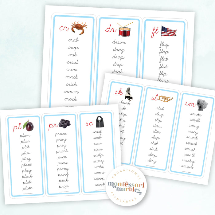 Montessori Blue Series Word Lists for Beginning Blends (Cursive)