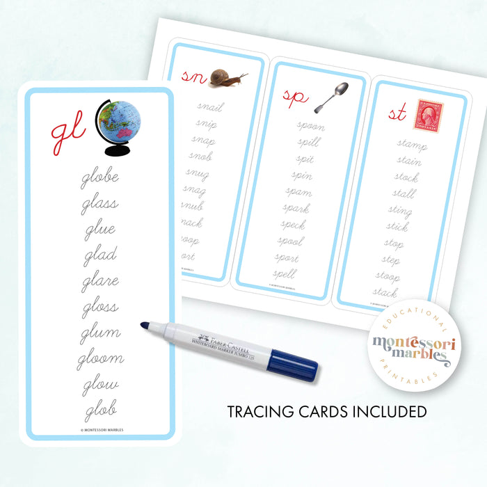 Montessori Blue Series Word Lists for Beginning Blends (Cursive)