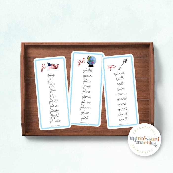 Montessori Blue Series Word Lists for Beginning Blends (Cursive)