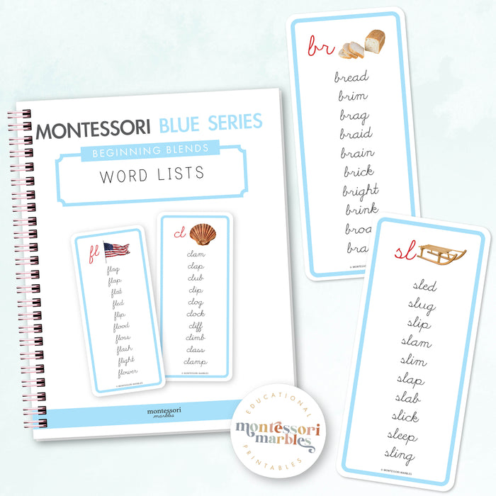 Montessori Blue Series Word Lists for Beginning Blends (Cursive)