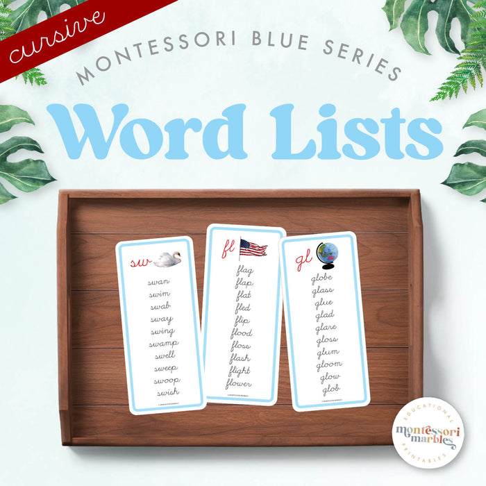 Montessori Blue Series Word Lists for Beginning Blends (Cursive)