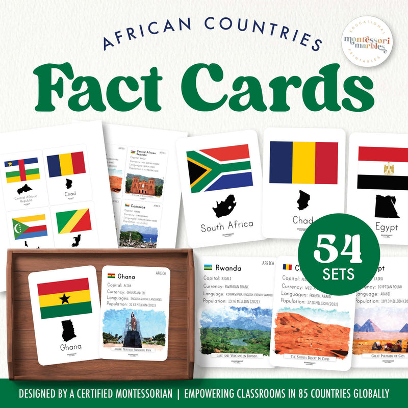 Africa fact cards — geography information about African nations and cultures, ages 6-12