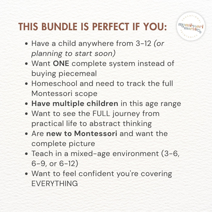 Growing Learner Bundle: Montessori Curriculum Checklists (Ages 3-12)