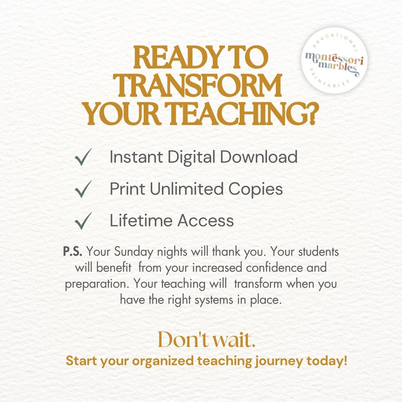 Montessori Teacher Planner | Primary 3-6 Classroom | 100+ Page Printable PDF