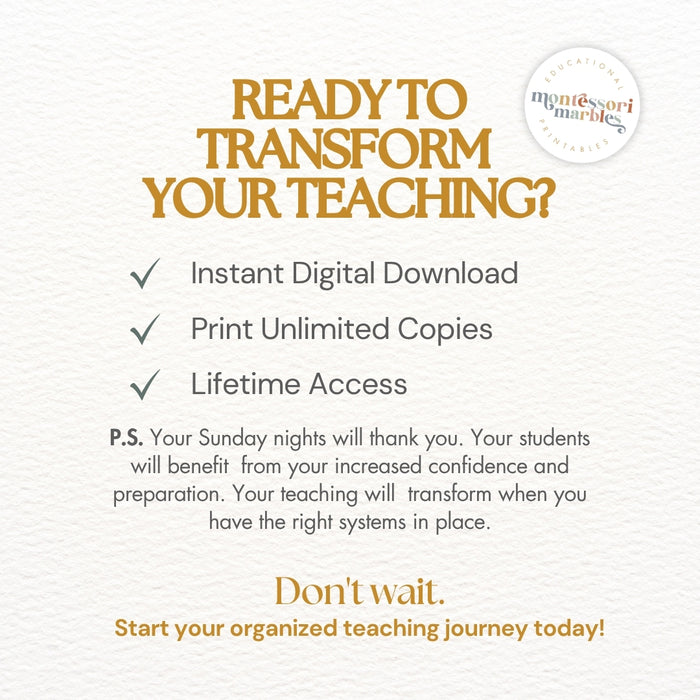 Montessori Teacher Planner | Primary 3-6 Classroom | 100+ Page Printable PDF