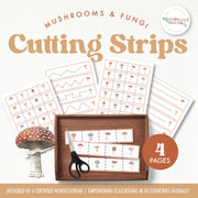 Mushroom cutting strips for fine motor skills—autumn fungi and nature study, ages 3-6