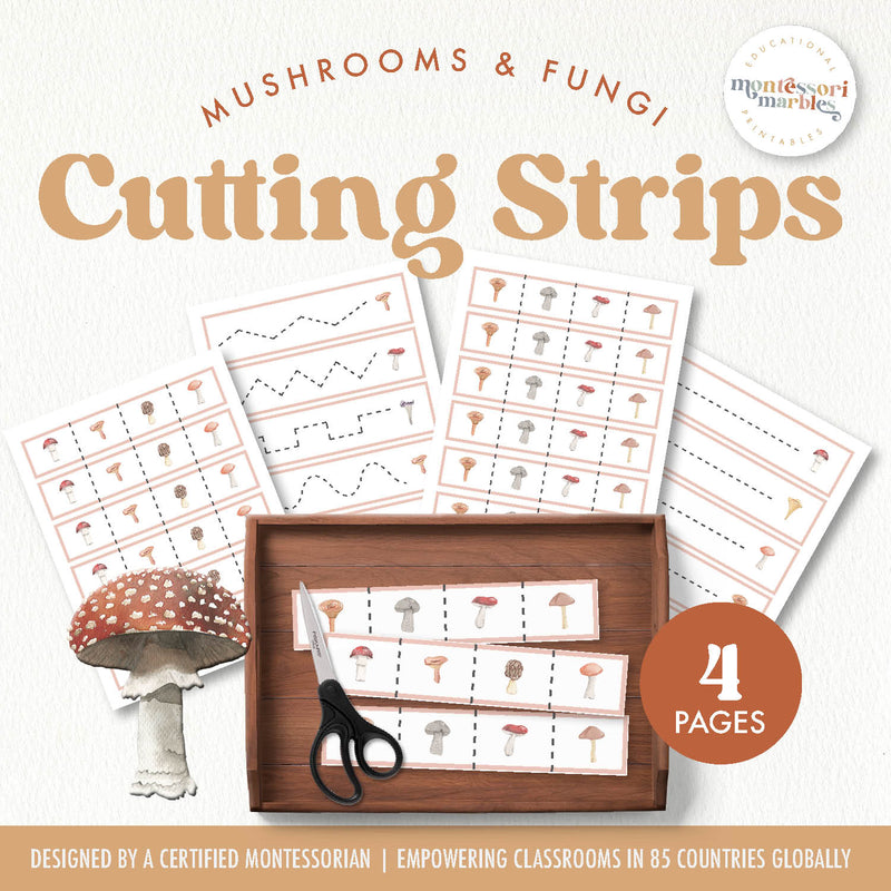 Mushroom cutting strips for fine motor skills—autumn fungi and nature study, ages 3-6