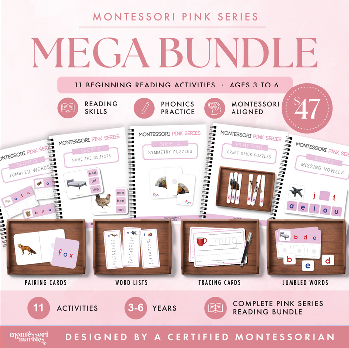 Montessori Pink Series Printable Bundle | CVC Phonics Ages 3-6