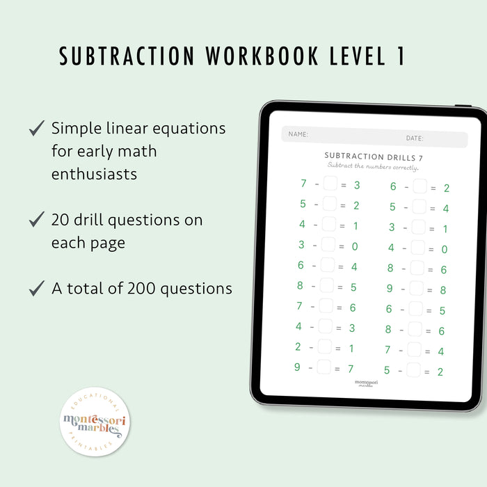 Subtraction Drills Workbook Level 1
