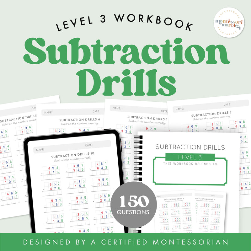 Three-digit subtraction drills workbook for Montessori elementary
