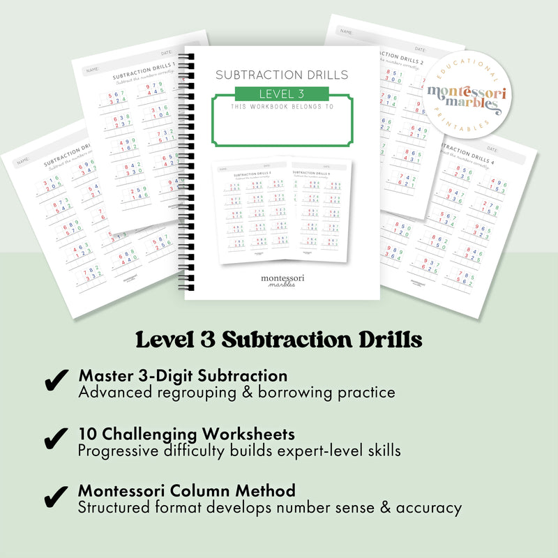 Subtraction Drills Workbook Level 3
