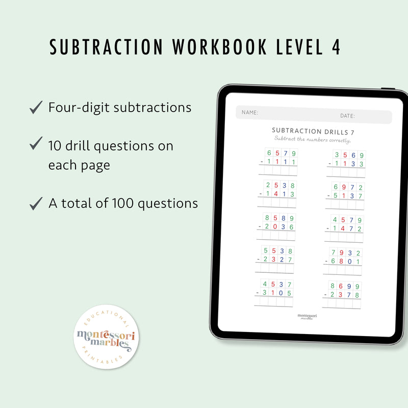 Subtraction Drills Workbook Level 4