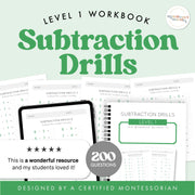 Subtraction Drills Level 1 workbook — Montessori math practice with Stamp Game