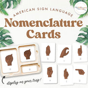 American Sign Language 3-part nomenclature cards showing hand signs with labels