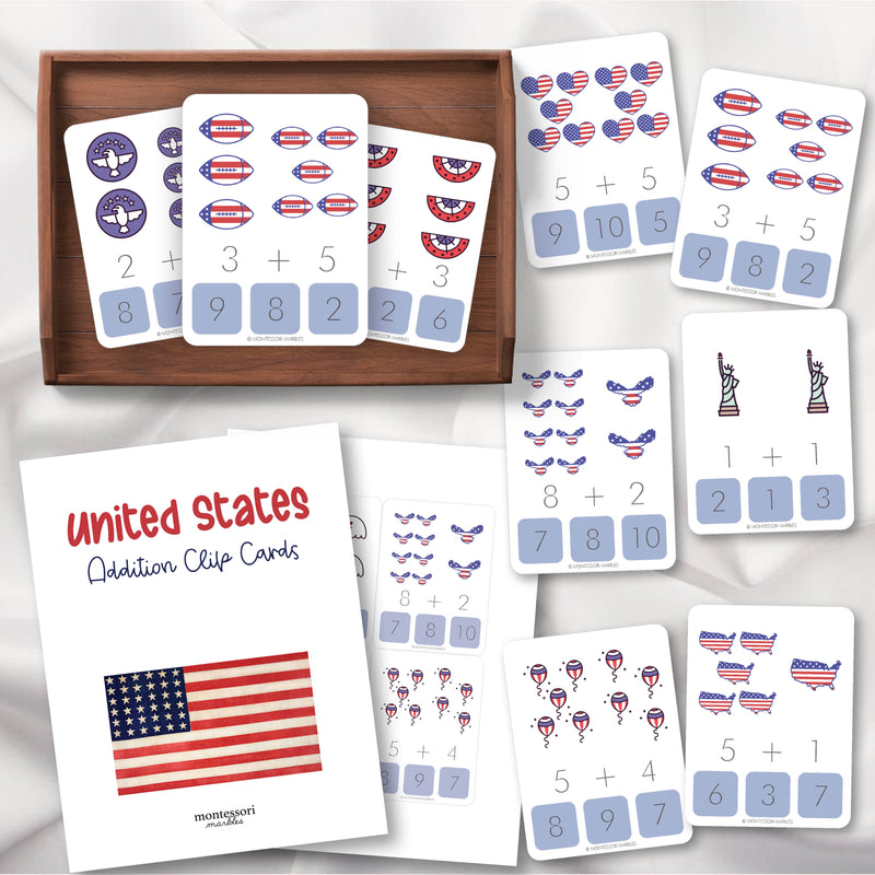 U.S. patriotic addition clip cards for math practice