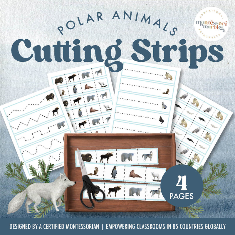 Arctic animals cutting strips for scissor skills — ages 3-6