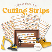 Construction vehicles cutting strips — scissor practice with heavy equipment designs, ages 3-6