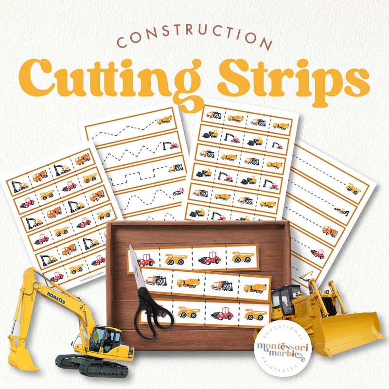 Construction vehicles cutting strips — scissor practice with heavy equipment designs, ages 3-6