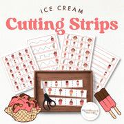 Ice cream-themed cutting strips for fine motor and scissor practice—summer activity