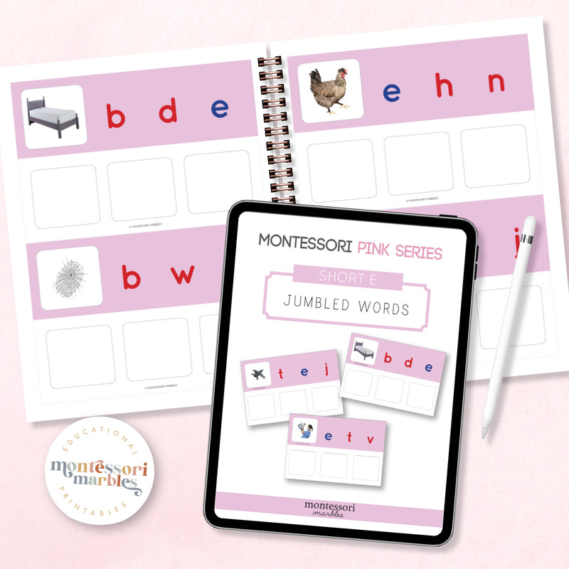 Montessori Pink Series Jumbled Words for Short "E"