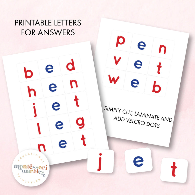 Montessori Pink Series Jumbled Words for Short "E"