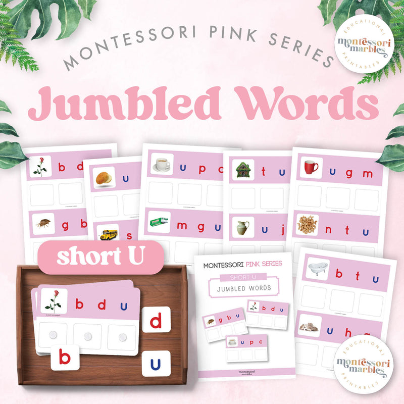 Pink Series jumbled word cards for short U sound unscrambling