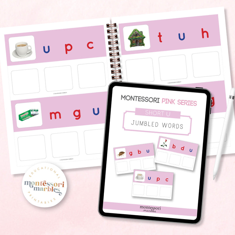 Montessori Pink Series Jumbled Words for Short "U"