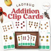 Ladybug-themed addition clip cards for math practice—insect spring activity learning
