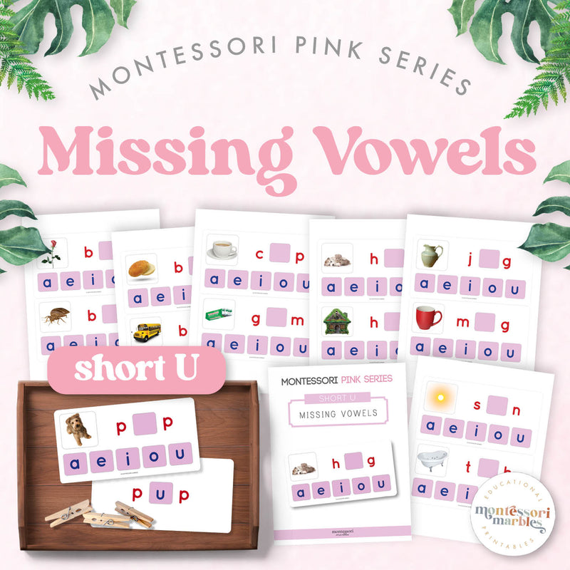 Montessori Pink Series missing vowels worksheet for short U sound