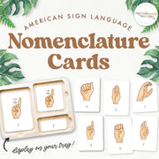 American Sign Language 3-part nomenclature cards showing hand signs with labels — Montessori vocabulary set