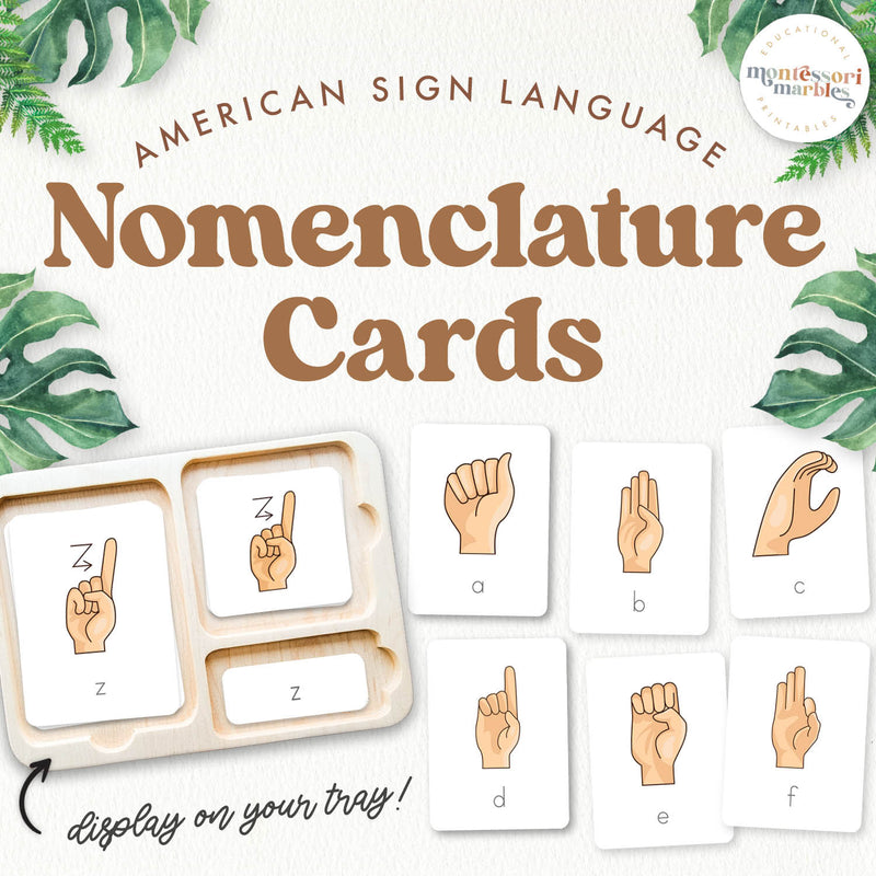 American Sign Language 3-part nomenclature cards showing hand signs with labels — Montessori vocabulary set