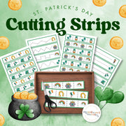 St. Patrick's Day cutting strips — scissor practice with Irish and spring-themed designs, ages 3-6
