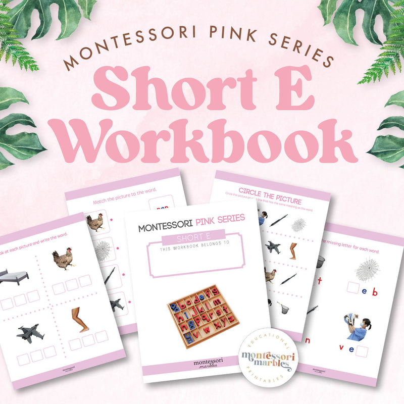 Montessori Pink Series workbook with short E sound practice pages