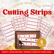 Lunar New Year cutting strips with lantern designs — scissor skill practice for Asian cultural study, ages 3-6