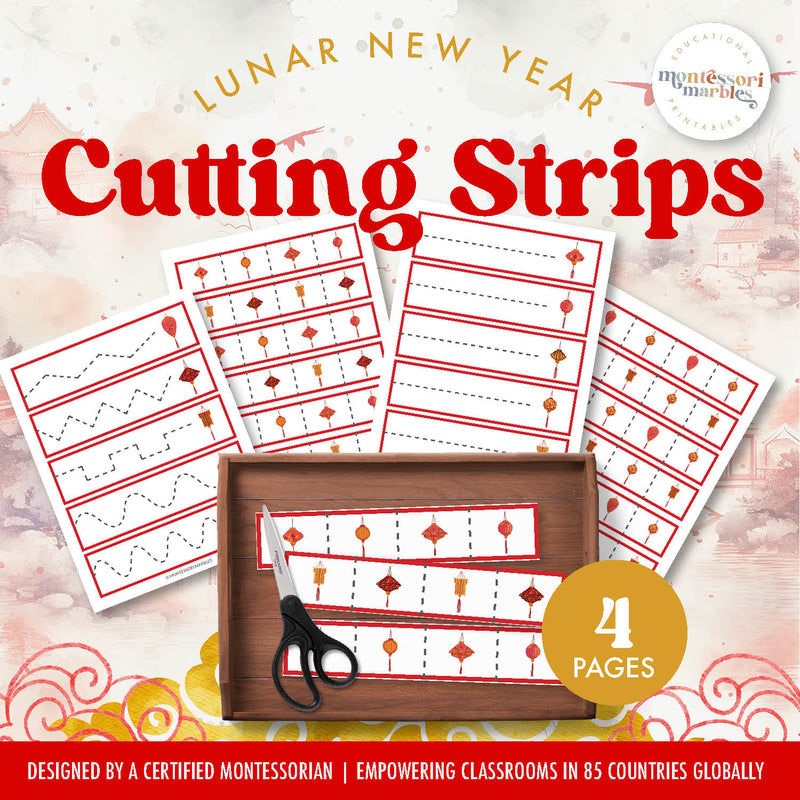 Lunar New Year cutting strips with lantern designs — scissor skill practice for Asian cultural study, ages 3-6