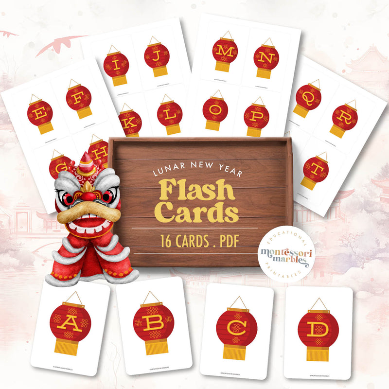 Alphabet flash cards featuring Chinese red lanterns for cultural studies