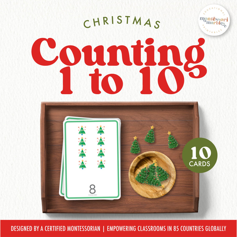 Christmas counter cards with numbers 1 to 10 and tracing practice