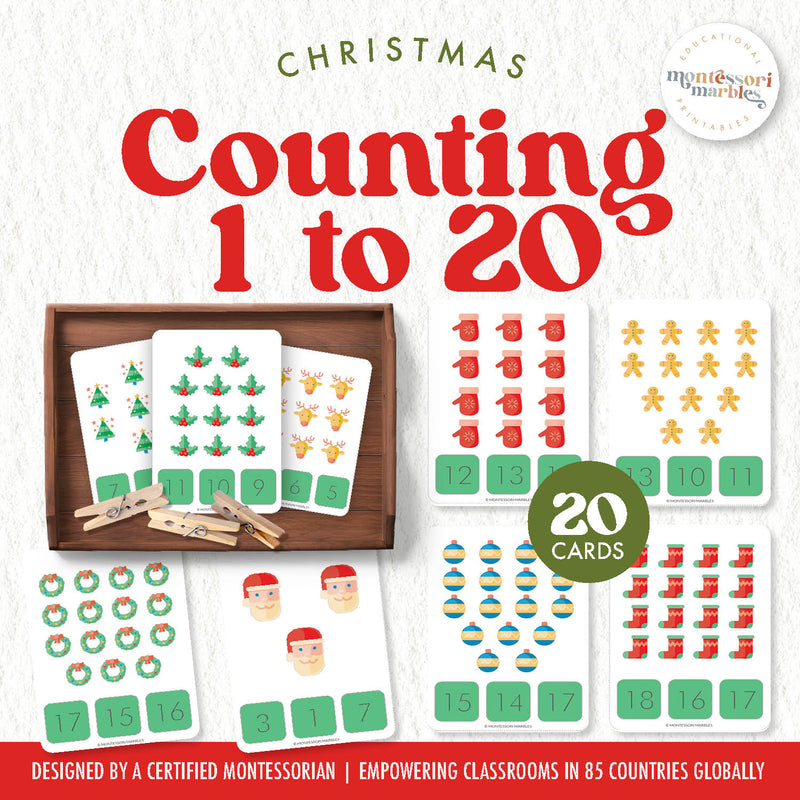 Christmas counting clip cards for numbers 1 to 20 — ages 3-6