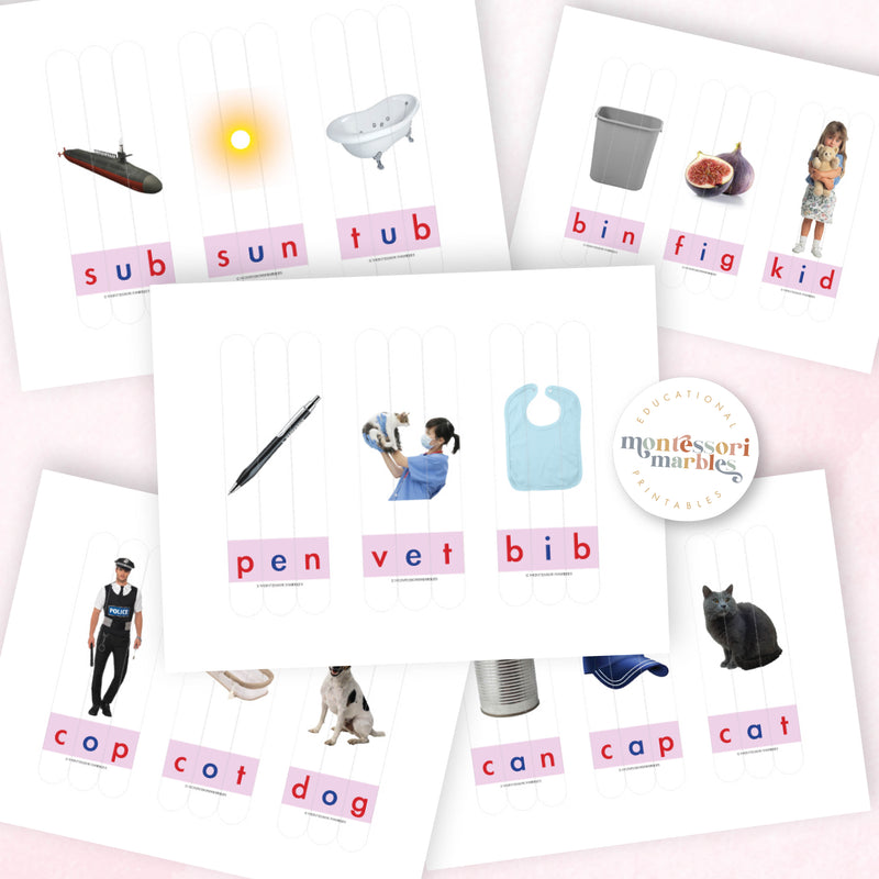 Montessori Pink Series CVC Craft Stick Puzzles – 60 Words