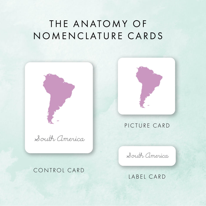 Continents Montessori Nomenclature Cards | Cursive