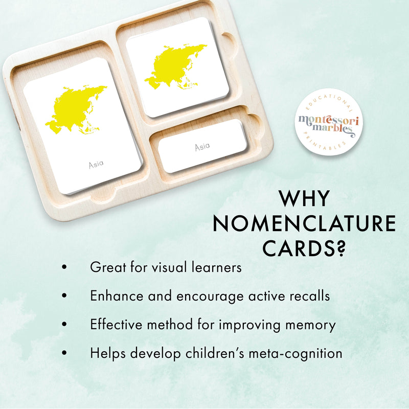 Continents Nomenclature Cards in Cursive