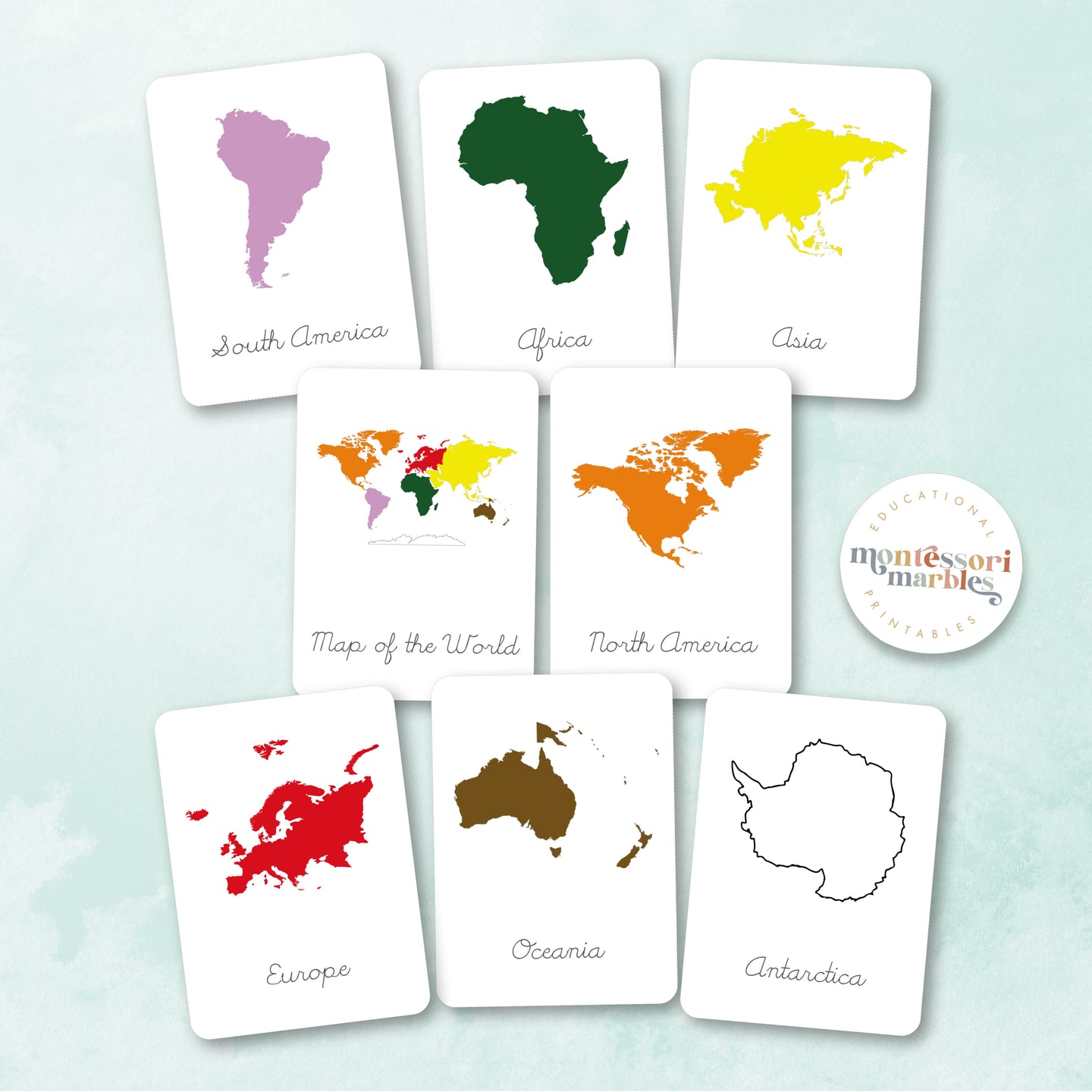 Continents Montessori Nomenclature Cards in Cursive